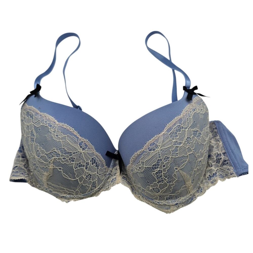Vintage Marilyn Monroe Intimates Sz 36B Padded Push Up Bra Light Blue Cream Lace